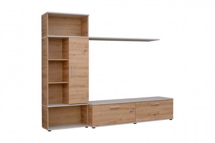 Mobila Living sufragerie , 200 cm lungime x 161 inaltime x 40 cm adancime, Gri perlat mat / Stejar artisan, canturi abs , comoda tv, dulap, raft, Bortis [3]