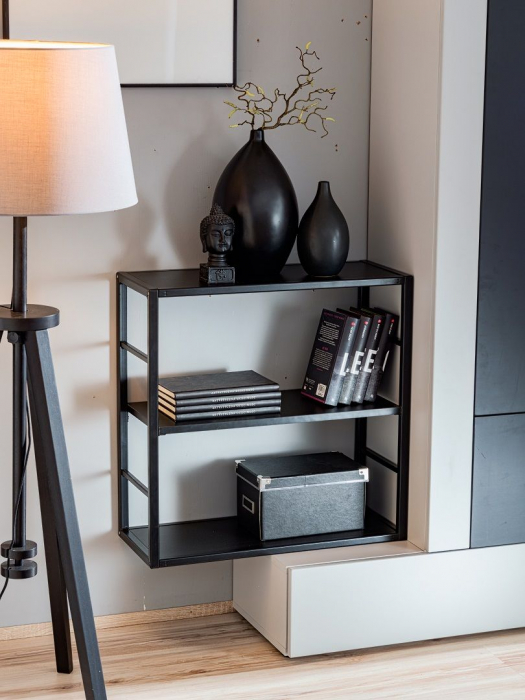 Mobila Living-sufragerie /camera de zi , negru perlat/gri perlat , 300 cm lungime, usi deschidere push open, vitrina iluminata led [6]