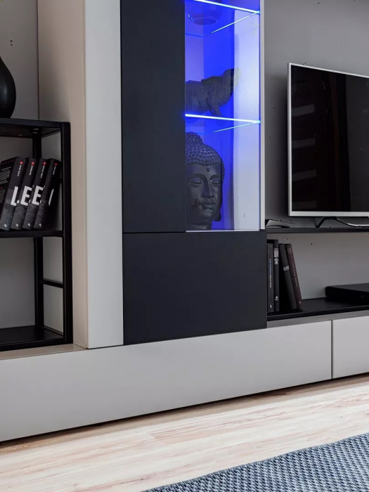 Mobila Living-sufragerie /camera de zi , negru perlat/gri perlat , 300 cm lungime, usi deschidere push open, vitrina iluminata led [12]
