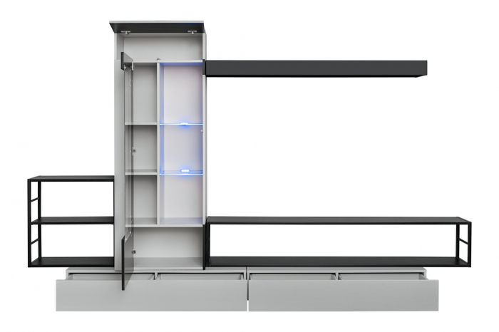 Mobila Living-sufragerie /camera de zi , negru perlat/gri perlat , 300 cm lungime, usi deschidere push open, vitrina iluminata led [5]