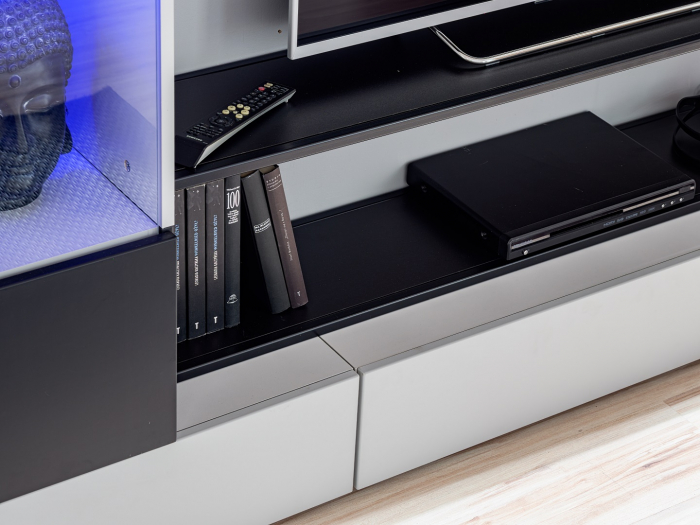 Mobila Living-sufragerie /camera de zi , negru perlat/gri perlat , 300 cm lungime, usi deschidere push open, vitrina iluminata led [11]