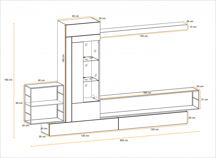 Mobila Living-sufragerie /camera de zi , negru perlat/gri perlat , 300 cm lungime, usi deschidere push open, vitrina iluminata led [3]