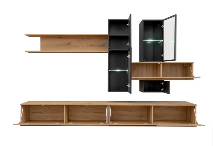 Mobila Living sufragerie moderna , pal stejar /negru, cu vitrine sticla , lumini led alb,deschidere usi prin apasare-push open, 280 cm lungime x 45 cm adancime, canturi abs [2]