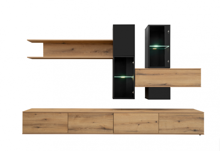 Mobila Living sufragerie moderna , pal stejar /negru, cu vitrine sticla , lumini led alb,deschidere usi prin apasare-push open, 280 cm lungime x 45 cm adancime, canturi abs [3]