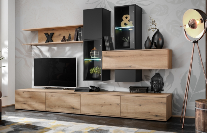Mobila Living sufragerie moderna , pal stejar /negru, cu vitrine sticla , lumini led alb,deschidere usi prin apasare-push open, 280 cm lungime x 45 cm adancime, canturi abs [1]
