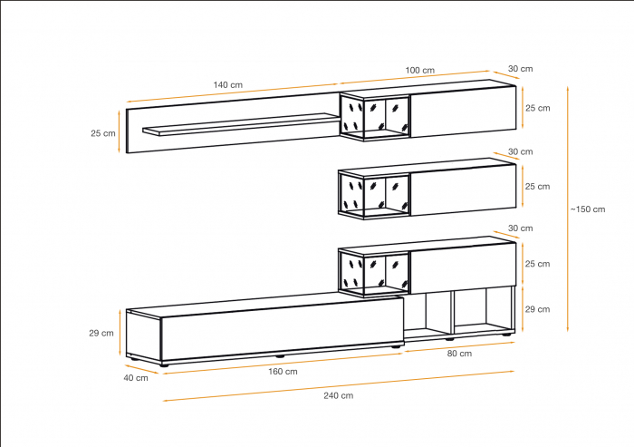 Mobila Living , usi deschidere push open/prin apasare, fronturi alb lucios/nuc inchis-alb , 240 cm lungime, cu vitrina, sticla securizata , lumina led [4]