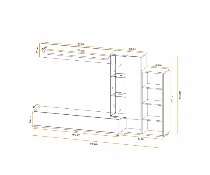Mobila Living , usi deschidere push open/prin apasare, fronturi alb lucios/nuc inchis-alb , 240 cm lungime, cu vitrina, sticla securizata , lumina led [2]