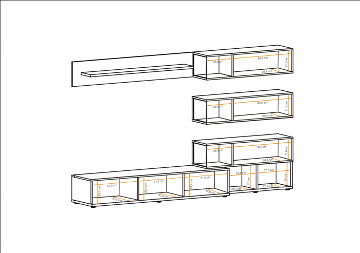 Mobila Living , usi deschidere push open/prin apasare, fronturi alb lucios/nuc inchis-alb , 240 cm lungime, cu vitrina, sticla securizata , lumina led [3]