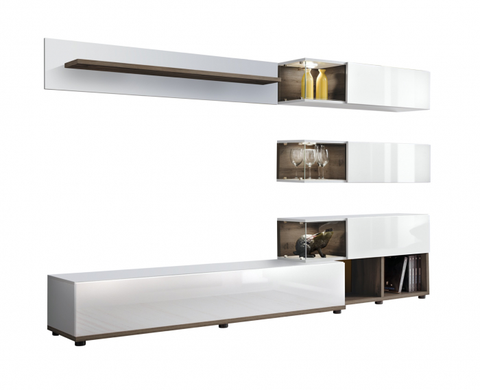 Mobila Living , usi deschidere push open/prin apasare, fronturi alb lucios/nuc inchis-alb , 240 cm lungime, cu vitrina, sticla securizata , lumina led [2]