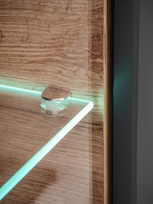 Mobila Living , usi deschidere push open/prin apasare,  gri grafit /stejar artizan , 240 cm lungime, cu vitrina, sticla securizata , lumina led [8]