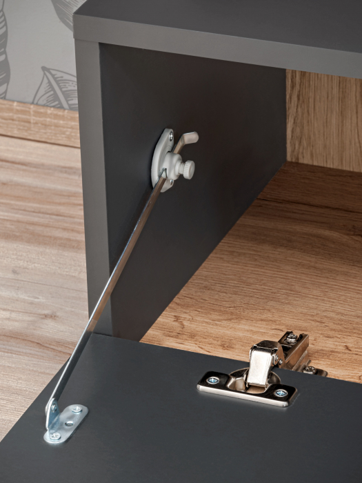Mobila Living , usi deschidere push open/prin apasare,  gri grafit /stejar artizan , 240 cm lungime, cu vitrina, sticla securizata , lumina led [16]