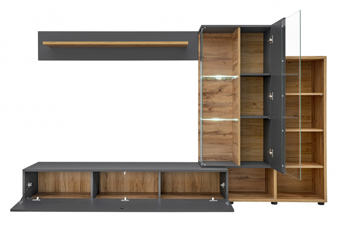 Mobila Living , usi deschidere push open/prin apasare,  gri grafit /stejar artizan , 240 cm lungime, cu vitrina, sticla securizata , lumina led [5]