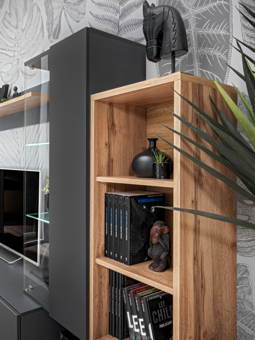 Mobila Living , usi deschidere push open/prin apasare,  gri grafit /stejar artizan , 240 cm lungime, cu vitrina, sticla securizata , lumina led [6]