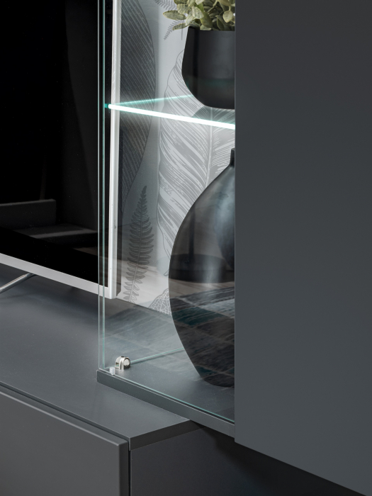 Mobila Living , usi deschidere push open/prin apasare,  gri grafit /stejar artizan , 240 cm lungime, cu vitrina, sticla securizata , lumina led [19]