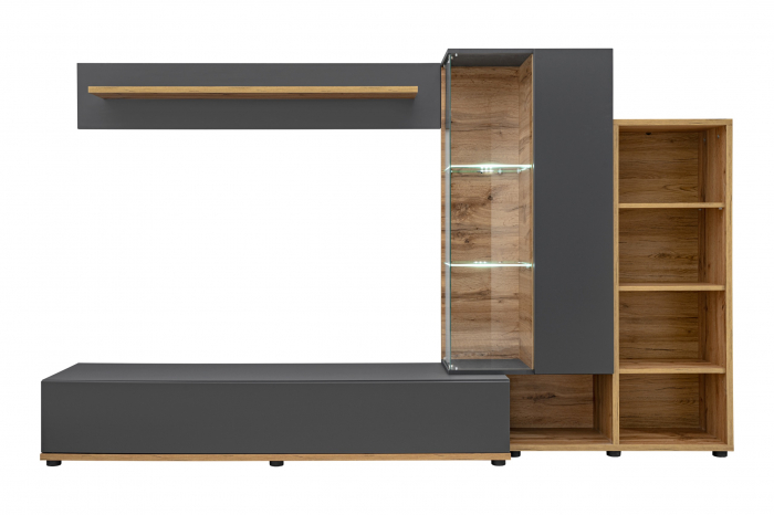 Mobila Living , usi deschidere push open/prin apasare,  gri grafit /stejar artizan , 240 cm lungime, cu vitrina, sticla securizata , lumina led [4]