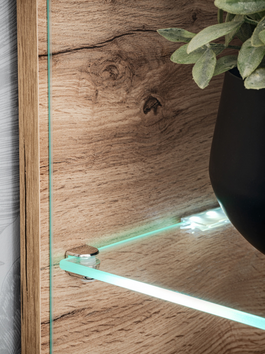Mobila Living , usi deschidere push open/prin apasare,  gri grafit /stejar artizan , 240 cm lungime, cu vitrina, sticla securizata , lumina led [11]