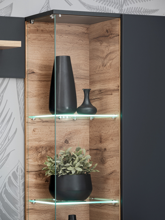 Mobila Living , usi deschidere push open/prin apasare,  gri grafit /stejar artizan , 240 cm lungime, cu vitrina, sticla securizata , lumina led [12]