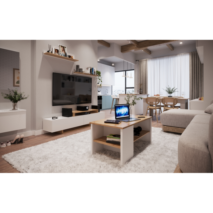 Mobilier de living-camera de zi, alb/stejar artisan,180 cm lungime x 35 cm adancime [6]