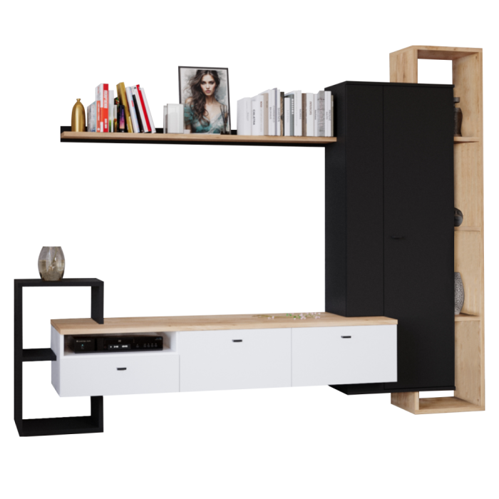 Mobilier Living camera de zi, negru/alb/stejar craft auriu, 241 cm lungime x 190 cm inaltime, canturi abs [4]