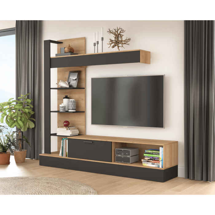Mobilier de perete living, stejar Riviera / negru, GELUZA [3]