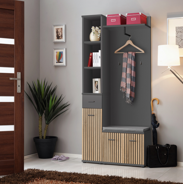 Mobilier hol/cuier cu pantofar si raft etajera si perna inclusa, gri grafit/ stejar artisan cu model riflaj, 90 cm lungime x 203 cm inaltime x 32 cm adancime, Bortis [9]