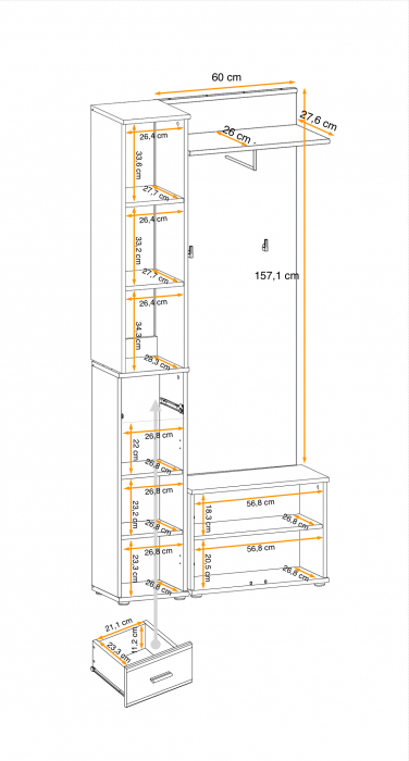 Mobilier hol/cuier cu pantofar si raft etajera si perna inclusa, gri grafit/ stejar artisan cu model riflaj, 90 cm lungime x 203 cm inaltime x 32 cm adancime, Bortis [2]