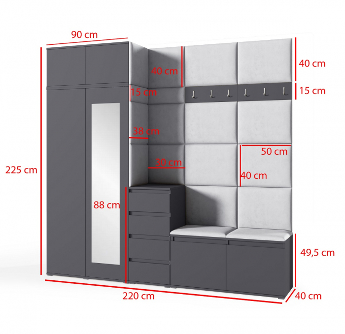 Mobilier hol/cuier modern cu panouri tapitate gri cenusiu/pal alb, 220 cm lungime x 225 cm inaltime x 40 cm adancime,  cu dulap 2 usi cu oglinda ,suprainaltat, pantofar si comoda [3]