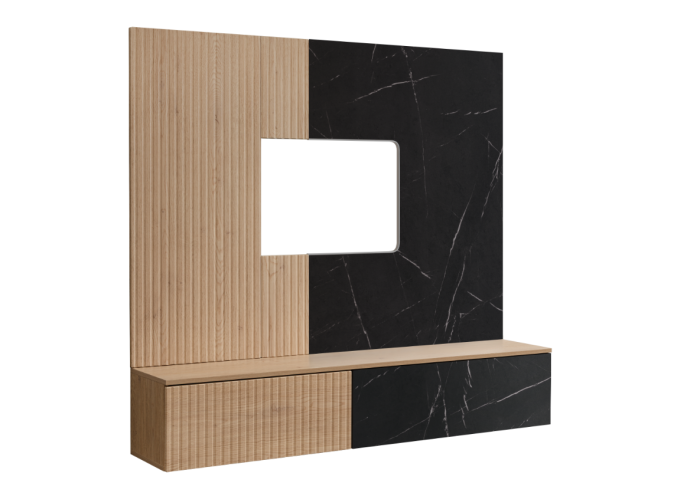 Mobilier Living camera de zi, 160cm x 148cm x 35 cm, stejar cremona/pal marmura neagra, suspendat, prindere perete, comoda tv cu chenar perete cu caneluri, deschidere usi push open [4]