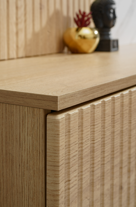 Mobilier Living camera de zi, 160cm x 148cm x 35 cm, stejar cremona/pal marmura neagra, suspendat, prindere perete, comoda tv cu chenar perete cu caneluri, deschidere usi push open [2]