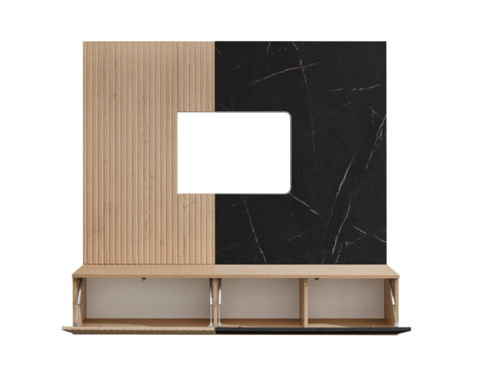 Mobilier Living camera de zi, 160cm x 148cm x 35 cm, stejar cremona/pal marmura neagra, suspendat, prindere perete, comoda tv cu chenar perete cu caneluri, deschidere usi push open [5]
