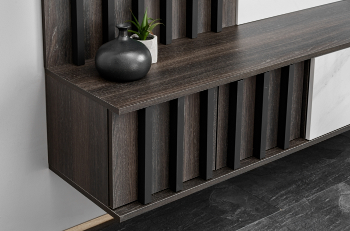 Mobilier Living camera de zi, 160cm x 148cm x 35 cm, cu riflaj, stejar grafit/pal marmura alba, suspendat, prindere perete, comoda tv cu chenar perete cu caneluri, deschidere usi push open [5]