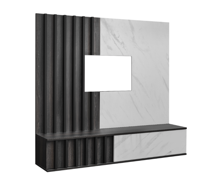 Mobilier Living camera de zi, 160cm x 148cm x 35 cm, cu riflaj, stejar grafit/pal marmura alba, suspendat, prindere perete, comoda tv cu chenar perete cu caneluri, deschidere usi push open [8]