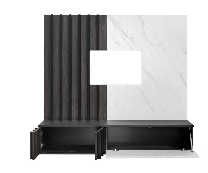 Mobilier Living camera de zi, 160cm x 148cm x 35 cm, cu riflaj, stejar grafit/pal marmura alba, suspendat, prindere perete, comoda tv cu chenar perete cu caneluri, deschidere usi push open [7]
