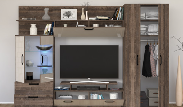 Mobilier Living camera de zi, pal stejar invechit/ mdf crem satin lucios, usi soft close, vitrina cu led, 280cm lungime x 190cm inaltimex 53 adancime, cu dulap haine [2]