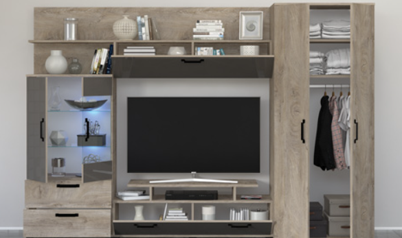 Mobilier Living camera de zi, pal stejar nordic/ ciocolata lucios, usi soft close, vitrina cu led, 280cm lungime x 190cm inaltimex 53 adancime, cu dulap haine [2]
