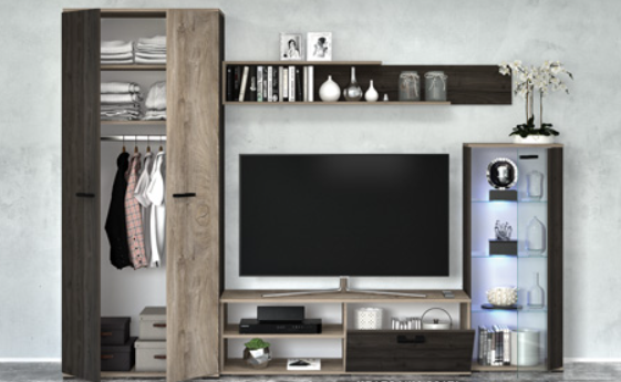 Mobilier Living camera de zi, pal stejar nordic/stejar cremona, usi soft close, vitrina cu led, 260cm lungime x 190cm inaltimex 53 adancime, cu dulap haine [2]