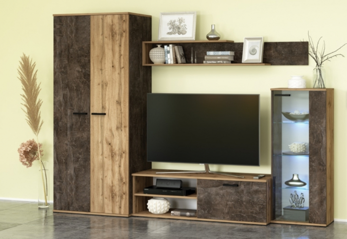 Mobilier Living camera de zi, pal stejar wotan/ dark, usi soft close, vitrina cu led, 260cm lungime x 190cm inaltimex 53 adancime, cu dulap haine [1]