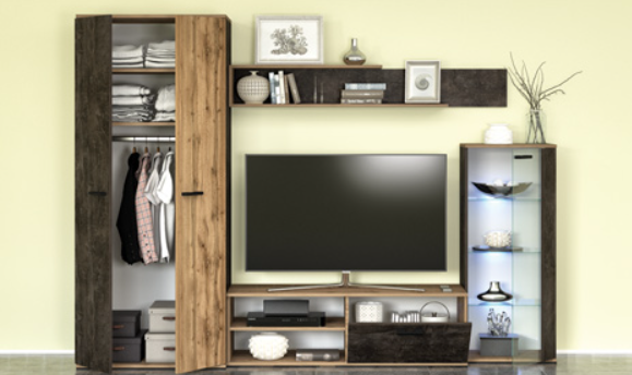 Mobilier Living camera de zi, pal stejar wotan/ dark, usi soft close, vitrina cu led, 260cm lungime x 190cm inaltimex 53 adancime, cu dulap haine [2]