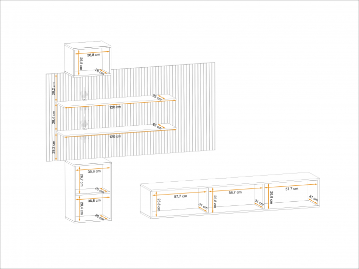Mobilier Living modern, suspendat-prindere perete , 280 cm lungime, Casmir/stejar artisan-imprimeu riflaj dungi negre, usi deschidere push open ,  canturi abs, rafturi iluminate, Bortis [5]