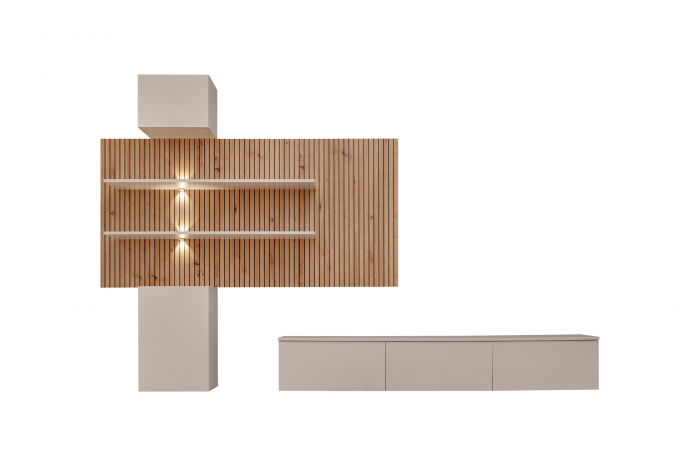 Mobilier Living modern, suspendat-prindere perete , 280 cm lungime, Casmir/stejar artisan-imprimeu riflaj dungi negre, usi deschidere push open ,  canturi abs, rafturi iluminate, Bortis [2]