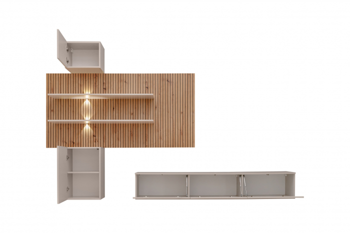 Mobilier Living modern, suspendat-prindere perete , 280 cm lungime, Casmir/stejar artisan-imprimeu riflaj dungi negre, usi deschidere push open ,  canturi abs, rafturi iluminate, Bortis [3]