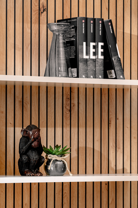 Mobilier Living modern, suspendat-prindere perete , 280 cm lungime, Casmir/stejar artisan-imprimeu riflaj dungi negre, usi deschidere push open ,  canturi abs, rafturi iluminate, Bortis [14]