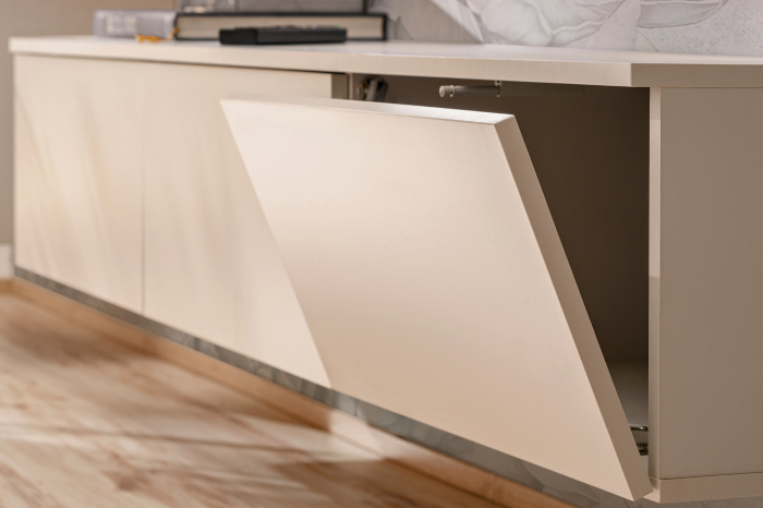 Mobilier Living modern, suspendat-prindere perete , 280 cm lungime, Casmir/stejar artisan-imprimeu riflaj dungi negre, usi deschidere push open ,  canturi abs, rafturi iluminate, Bortis [15]