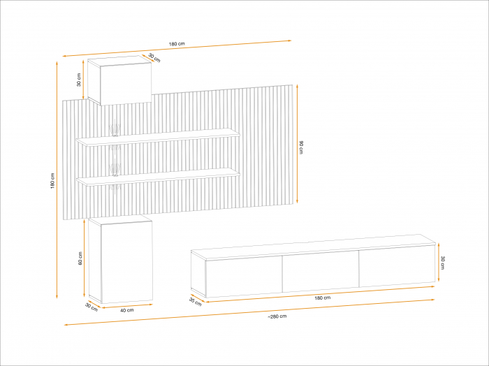 Mobilier Living modern, suspendat-prindere perete , 280 cm lungime, Casmir/stejar artisan-imprimeu riflaj dungi negre, usi deschidere push open ,  canturi abs, rafturi iluminate, Bortis [4]