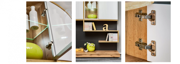 Mobilier living sufragerie, 300 cm lungime, alb lucios/stejar artisan/grafit, usi curbate mdf, led, deschidere usi push open/prin apasare, Bortis [7]