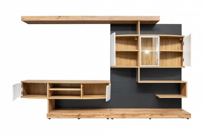 Mobilier living sufragerie, 300 cm lungime, alb lucios/stejar artisan/grafit, usi curbate mdf, led, deschidere usi push open/prin apasare, Bortis [3]