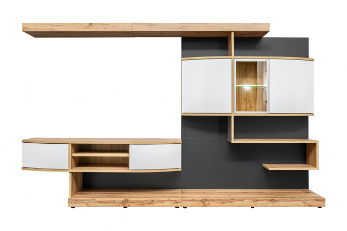 Mobilier living sufragerie, 300 cm lungime, alb lucios/stejar artisan/grafit, usi curbate mdf, led, deschidere usi push open/prin apasare, Bortis [2]