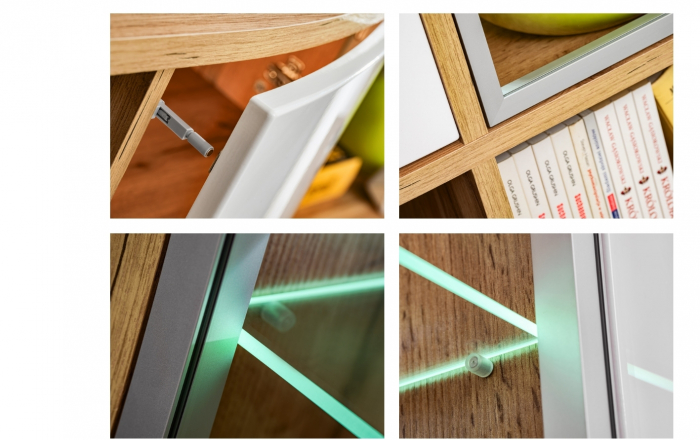 Mobilier living sufragerie, 300 cm lungime, alb lucios/stejar artisan/grafit, usi curbate mdf, led, deschidere usi push open/prin apasare, Bortis [6]