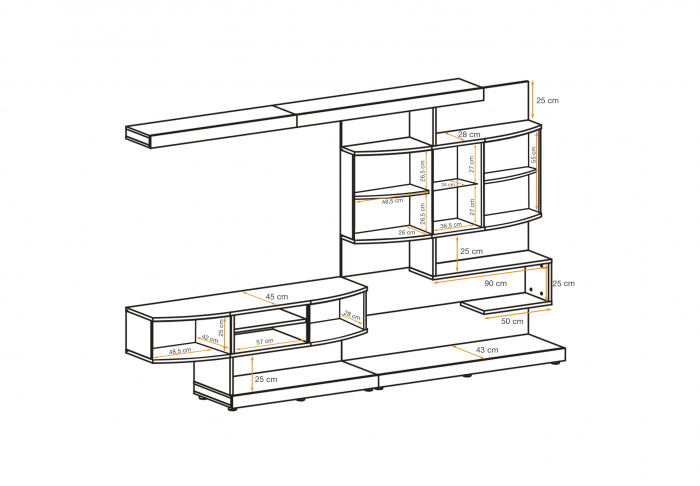 Mobilier living sufragerie, 300 cm lungime, alb lucios/stejar artisan/grafit, usi curbate mdf, led, deschidere usi push open/prin apasare, Bortis [4]