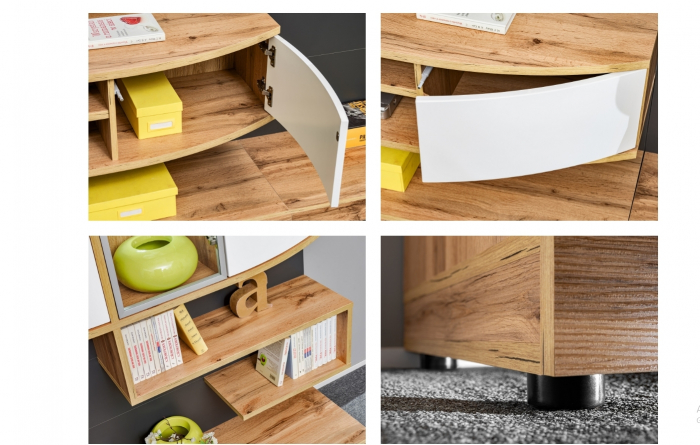 Mobilier living sufragerie, 300 cm lungime, alb lucios/stejar artisan/grafit, usi curbate mdf, led, deschidere usi push open/prin apasare, Bortis [5]